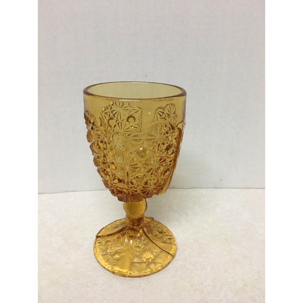 L.G. Wright Vintage 6" Glass Amber Daisy Button Thumbprint Goblet